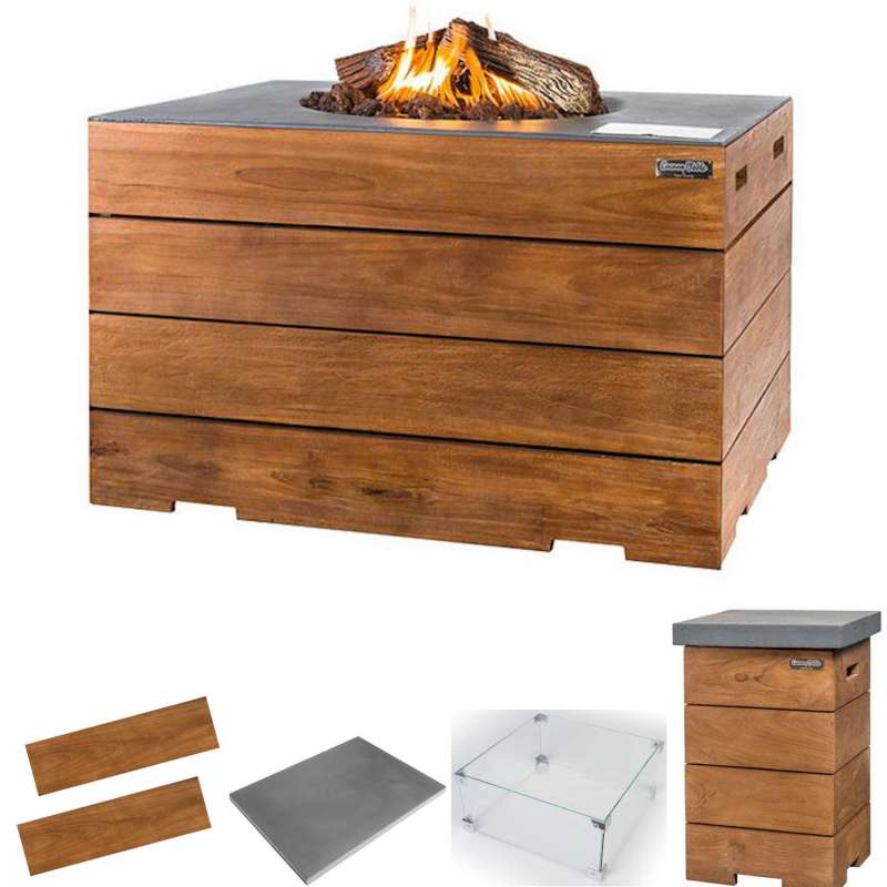 Happy Cocooning Mania Feuertisch Komplettset Lounge&Dining 19,5 kW rechteckig 107x80x67,5 cm Teakhol