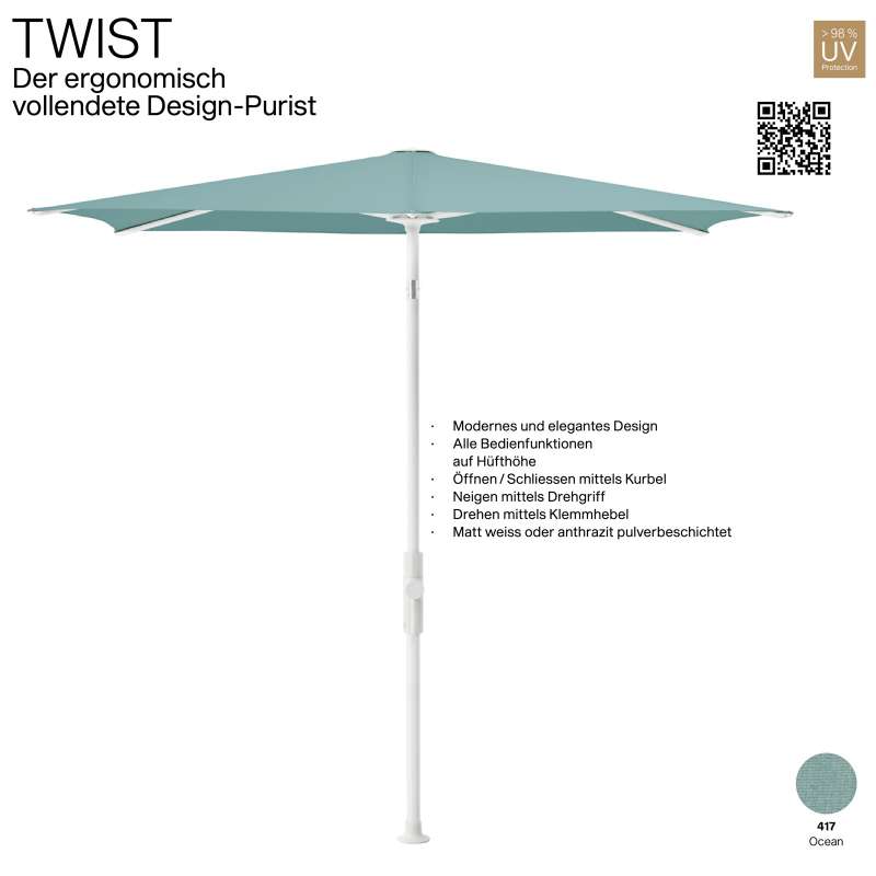 GLATZ Sonnenschirm TWIST 210 x 150 cm Gestell matt weiss Stoff Farbe 417 Ocean Mittelmastschirm