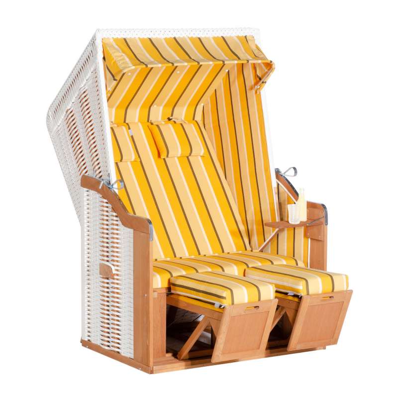SunnySmart Garten-Strandkorb Rustikal 50 PLUS 2-Sitzer weiß/gelb mit Kissen