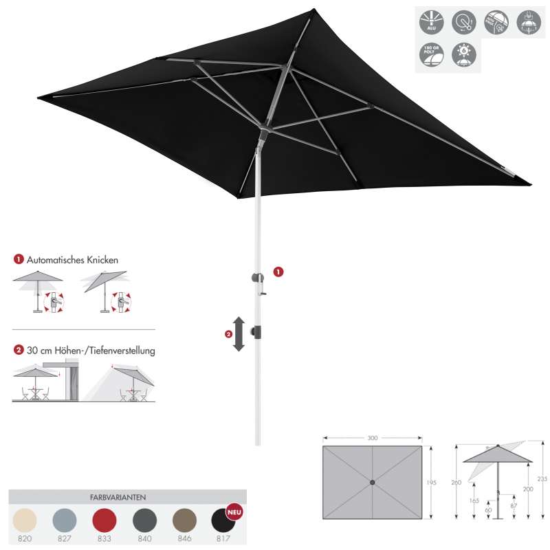 Doppler Expert Auto Tilt 300 x 200 cm Sonnenschirm 6 Farbvarianten 461441 Mittelmastschirm