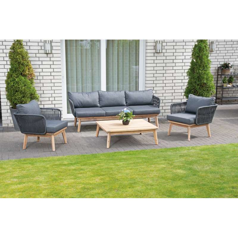 SunnySmart Lounge-Dining-Gruppe Bridgeport Alu/Akazienholz/Polyrope dunkelgrau inkl. Kissen (2 Sesse