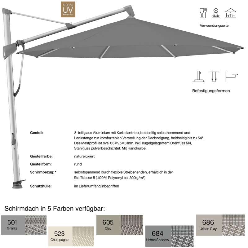 GLATZ Ampelschirm SOMBRANO® S+ rund ø 400 cm in 5 Farben Freiarmschirm Stoffklasse 5