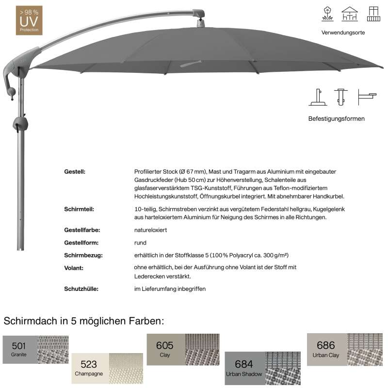 GLATZ Sonnenschirm PENDALEX® P+ rund ø 350 cm in 5 Farben Stoffklasse 5 Freiarmschirm