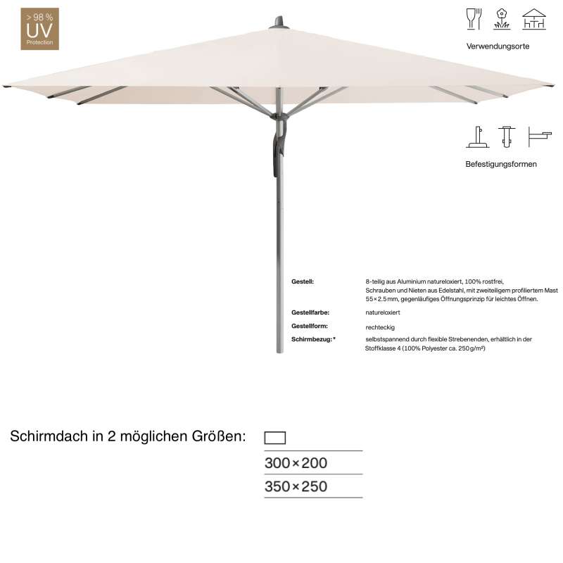 GLATZ Sonnenschirm FORTERO® rechteckig 300 x 200 / 350 x 250 cm Stoffklasse 4 Vanilla 453 Mittelstoc