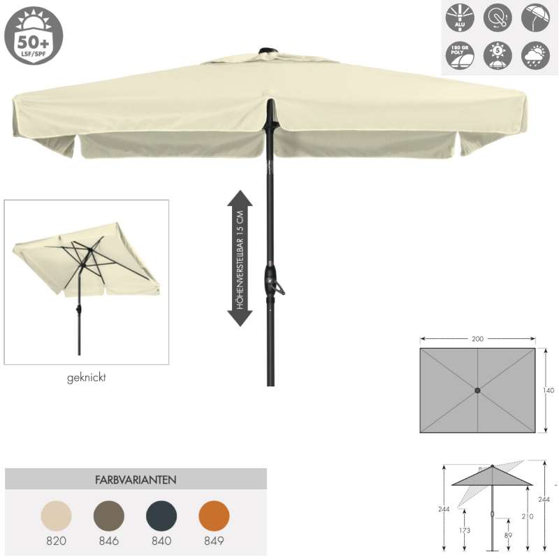 Doppler Basic Lift Neo 210 x 140 cm Sonnenschirm 4 Farben Mittelmastschirm 457444