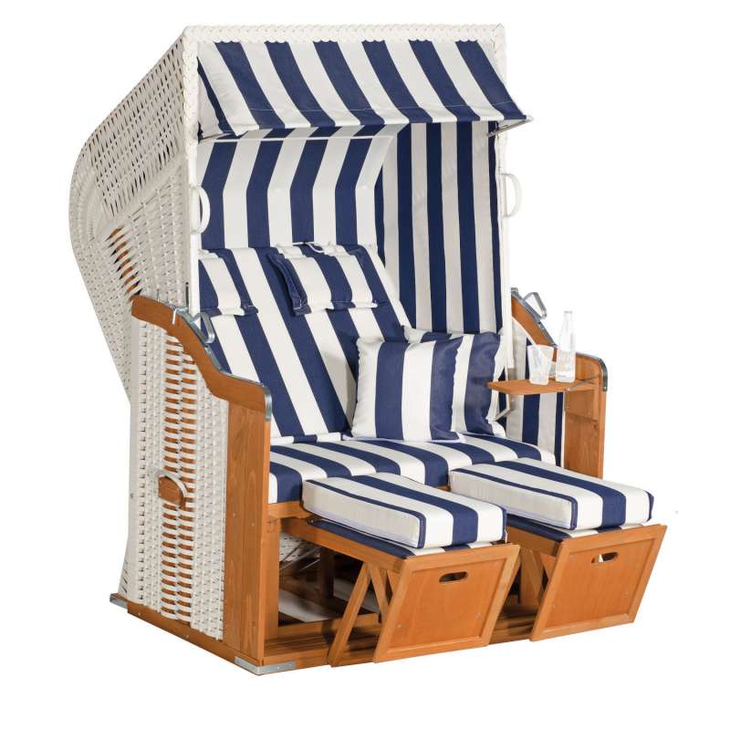 SunnySmart Garten-Strandkorb Rustikal 250 PLUS 2-Sitzer weiß/blau mit Kissen