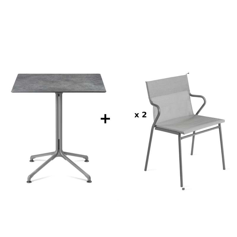 Lafuma Horizon Tisch-Set Loungetisch Mineral 70x70 cm 2 Loungestühle Pearl