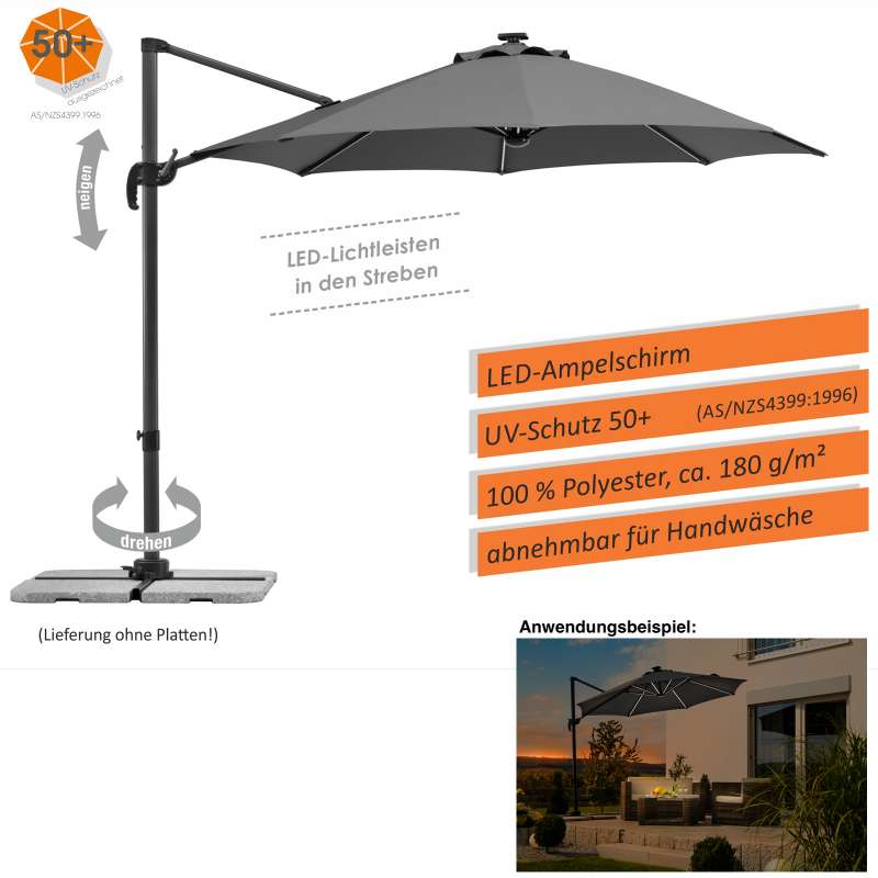 Schneider Schirme Rhodos Blacklight Sonnenschirm ø 300 cm anthrazit LED Freiarmschirm