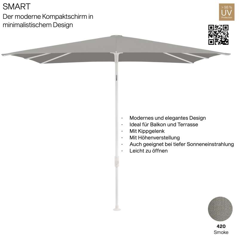 GLATZ Sonnenschirm SMART rechteckig 250 x 200 cm Gestell matt weiss Stoff Farbe 420 Smoke Mittelmast