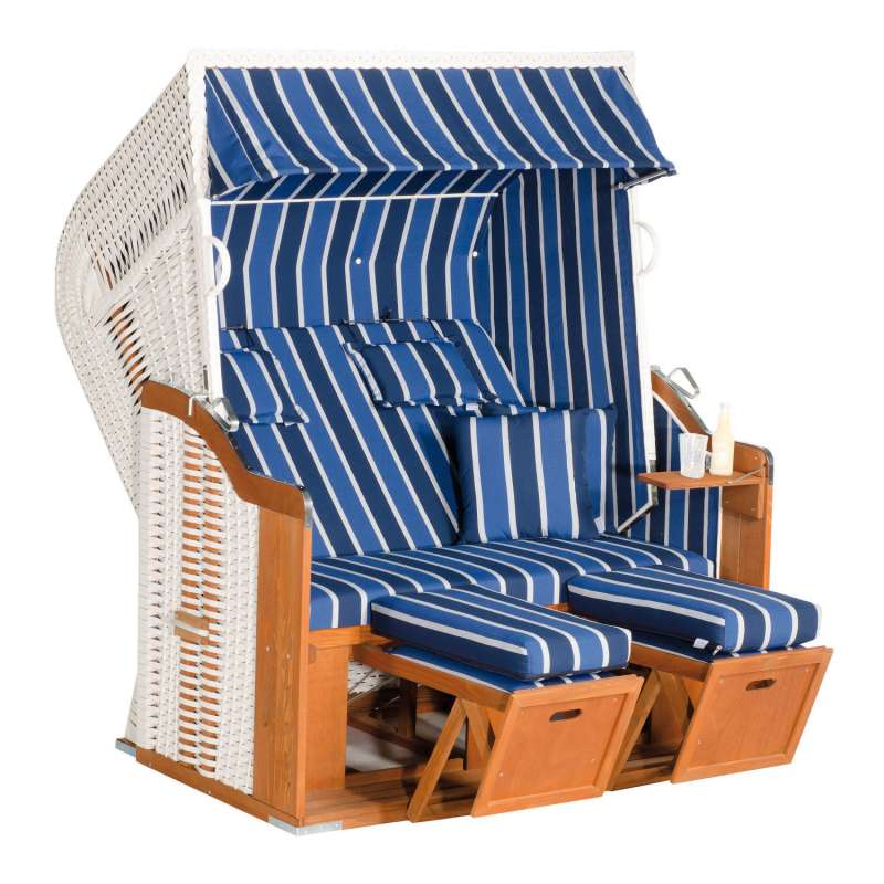 SunnySmart Garten-Strandkorb Rustikal 250 PLUS 2-Sitzer XL weiß/blau mit Kissen