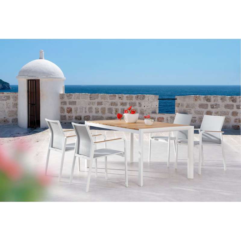 Best Freizeitmöbel Sitzgruppe Paros 5-teilig Tisch + 4 Stapelsessel 160 x 90 cm weiss/Teak
