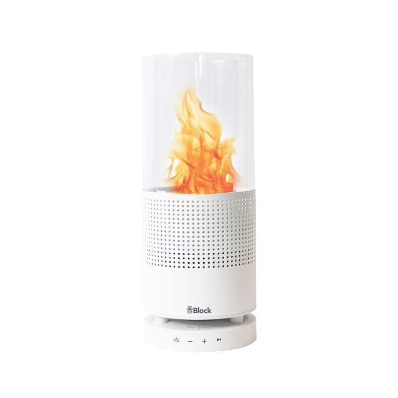 Block The Flame Tischfeuer und Bluetooth Laut­spre­cher von Audioblock weiß