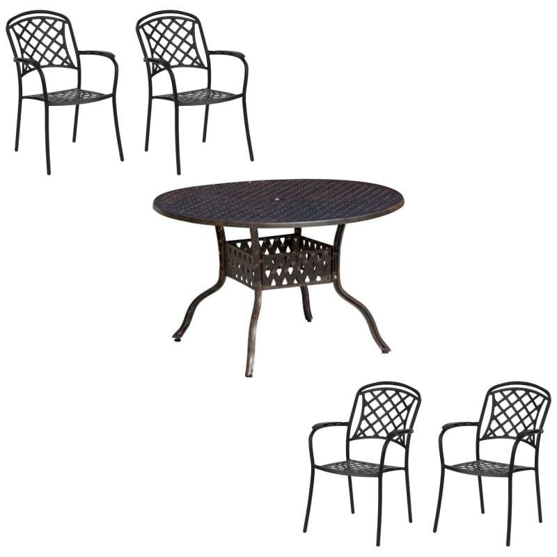Inko 5-teilige Sitzgruppe Aluminium Guss bronze Tisch Ø 120 cm mit 4 Sesseln