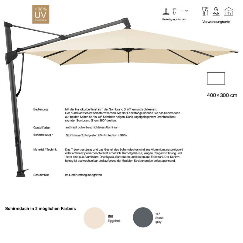 GLATZ Ampelschirm SOMBRANO® S+ easy rechteckig 400 x 300 cm Stoffklasse 2 in 2 Farben