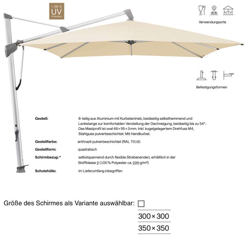 GLATZ Ampelschirm SOMBRANO® S+ easy quadratisch 300 x 300 / 350 x 350 cm Stoffklasse 2 Eggshell 150