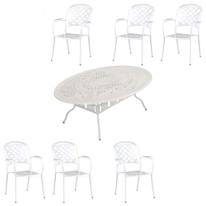 Inko 7-teilige Sitzgruppe Alu-Guss weiß Tisch oval 216x152x74 cm cm mit 6 Sesseln