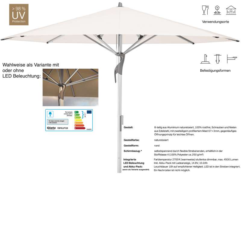 GLATZ Sonnenschirm FORTELLO® / LED rund ø 400 cm Stoffklasse 4 Vanilla 453 Mittelmastschirm