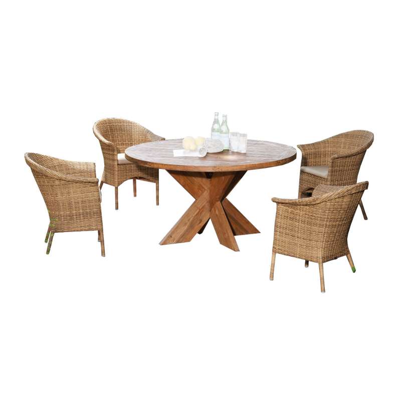 Sonnenpartner 5-teilige Sitzgruppe Cayman & Quantum Ø 120 cm Polyrattan natura-antik Teakholz Garten