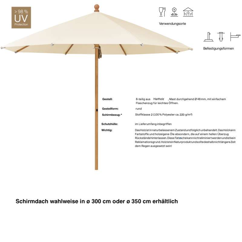 GLATZ Sonnenschirm PIAZZINO easy rund 2 Größen 300 / 350 cm Farbe 150 Eggshell Mittelmastschirm
