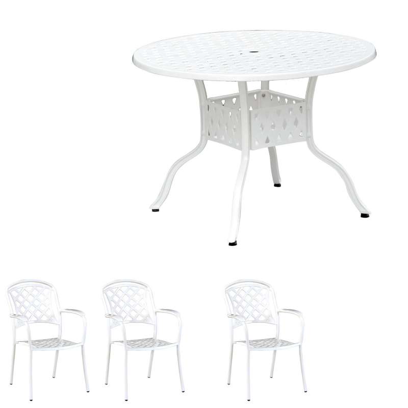 Inko 4-teilige Sitzgruppe Aluminium Guss weiß Tisch Ø 106 cm mit 3 Sesseln