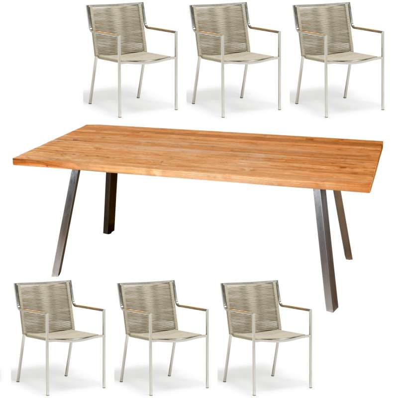 Inko Sitzgruppe Varuna Edelstahl/Kordel/Teak 200x100 cm Tisch mit Stapelsesseln