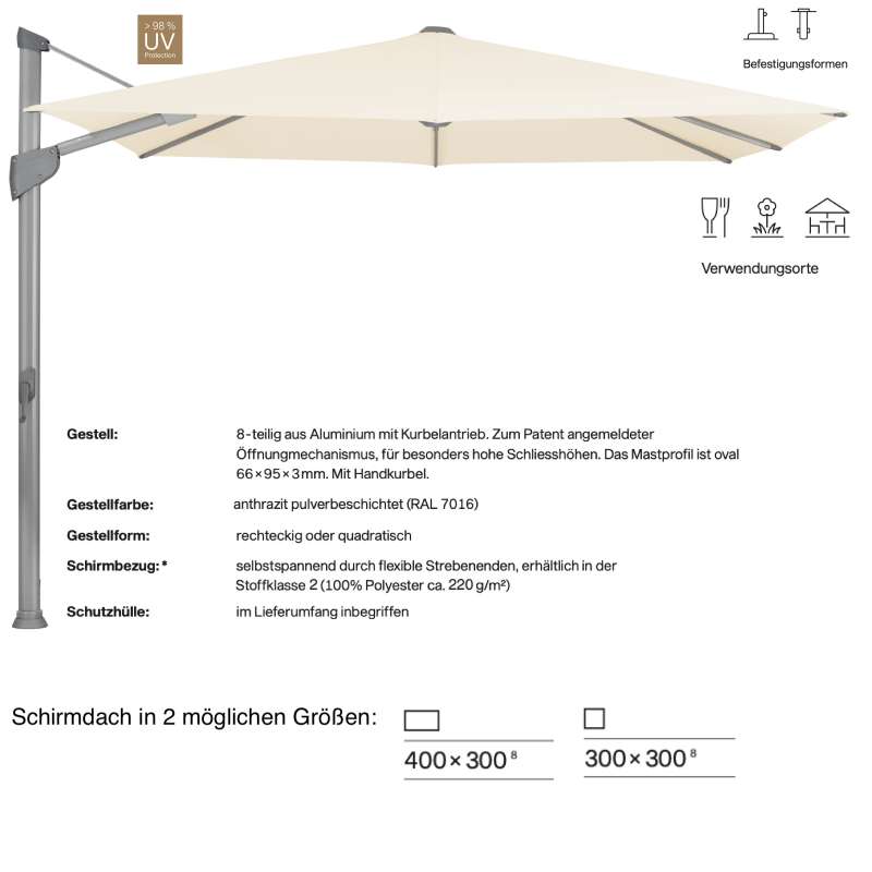 GLATZ Sonnenschirm FORTANO® easy Ampelschirm 300 x 300 / 400 x 300 cm Freiarmschirm Eggshell 150