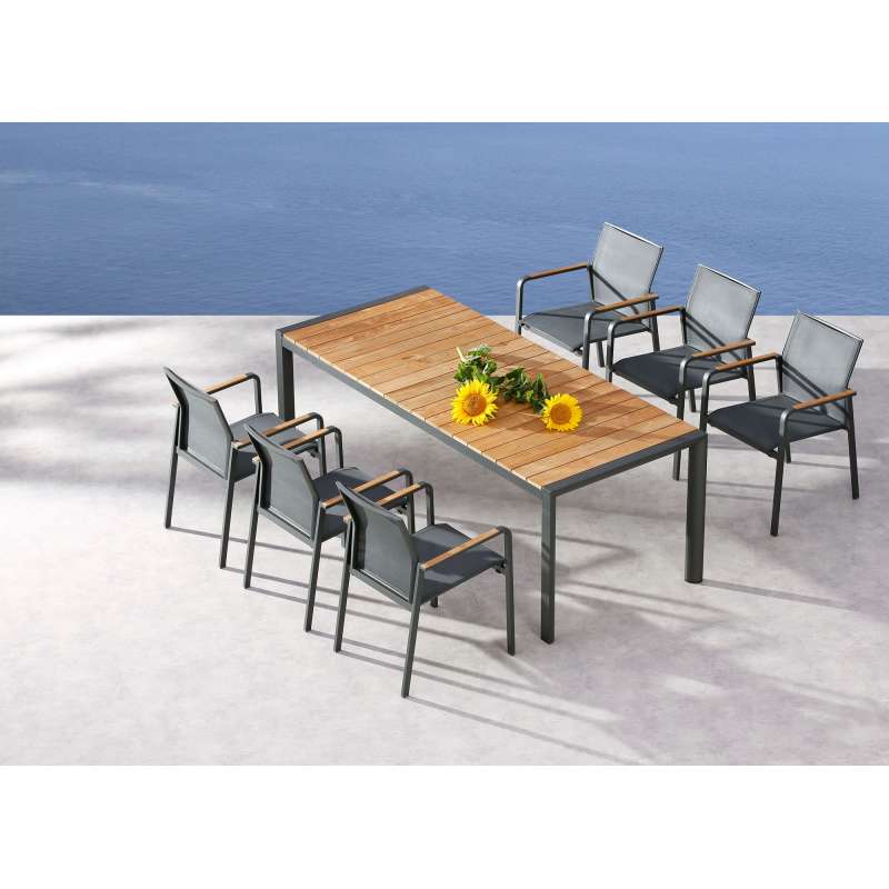 Best Freizeitmöbel Sitzgruppe Paros 7-teilig Tisch + 6 Stapelsessel 210 x 90 cm anthrazit/Teak