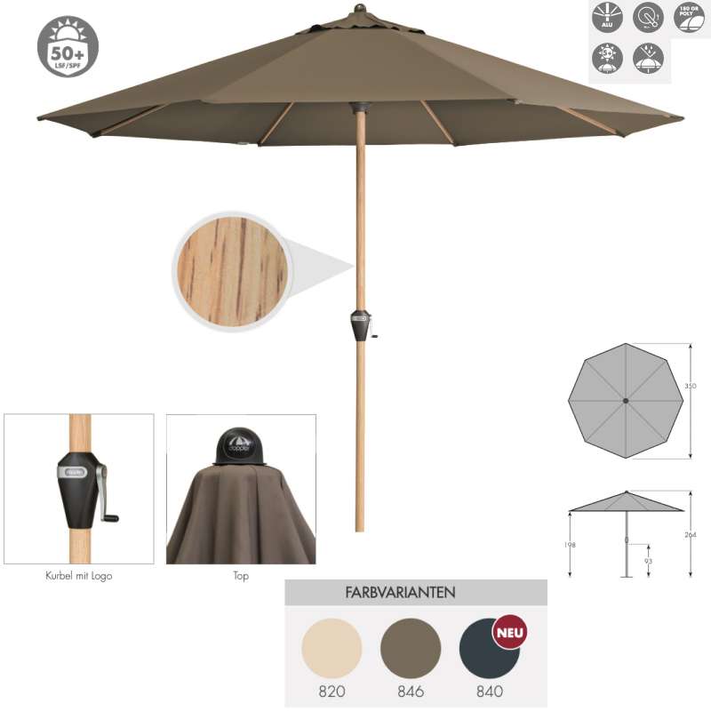 Doppler Alu Wood ø 350 cm Marktschirm Holzoptik Sonnenschirm rund 3 Farben Mittelmastschirm