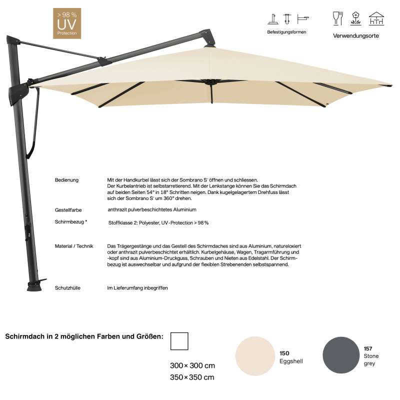 GLATZ Ampelschirm SOMBRANO® S+ easy quadratisch 300 x 300 / 350 x 350 cm in 2 Farben