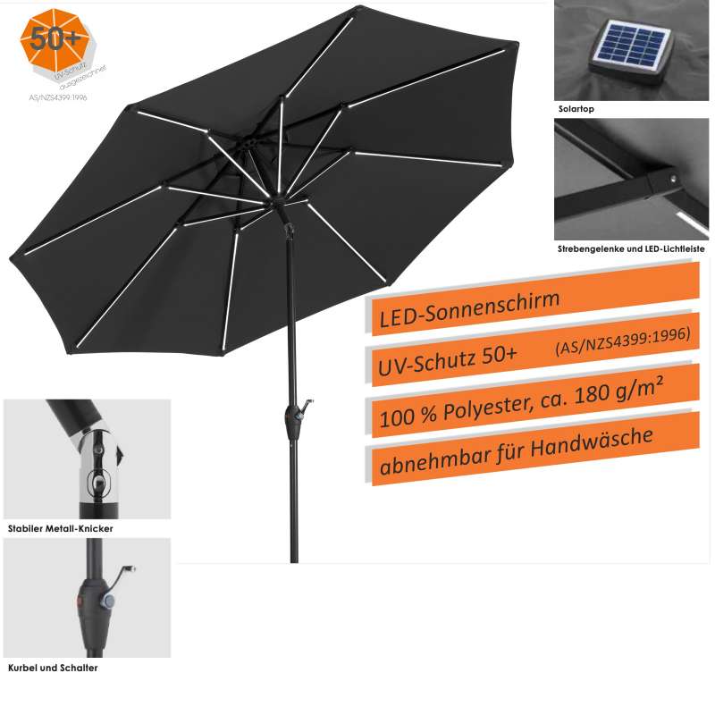 Schneider Schirme Blacklight Sonnenschirm rund ø 270 cm anthrazit LED Mittelmastschirm
