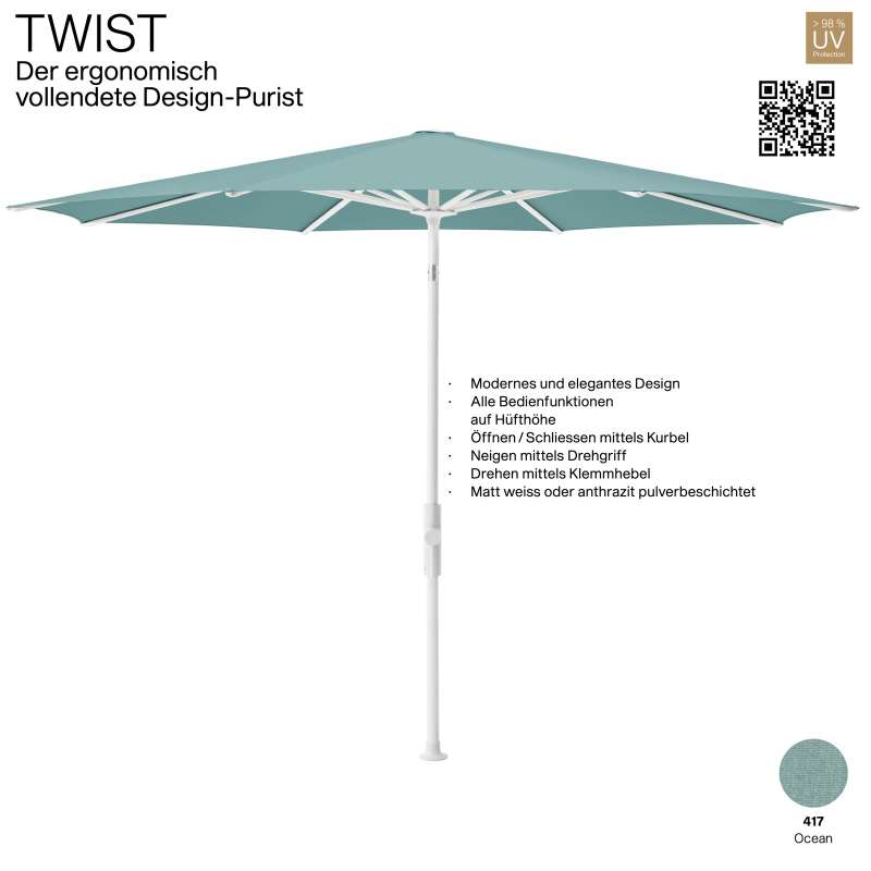GLATZ Sonnenschirm TWIST rund ø 270 cm Gestell matt weiss Stoff Farbe 417 Ocean Mittelmastschirm