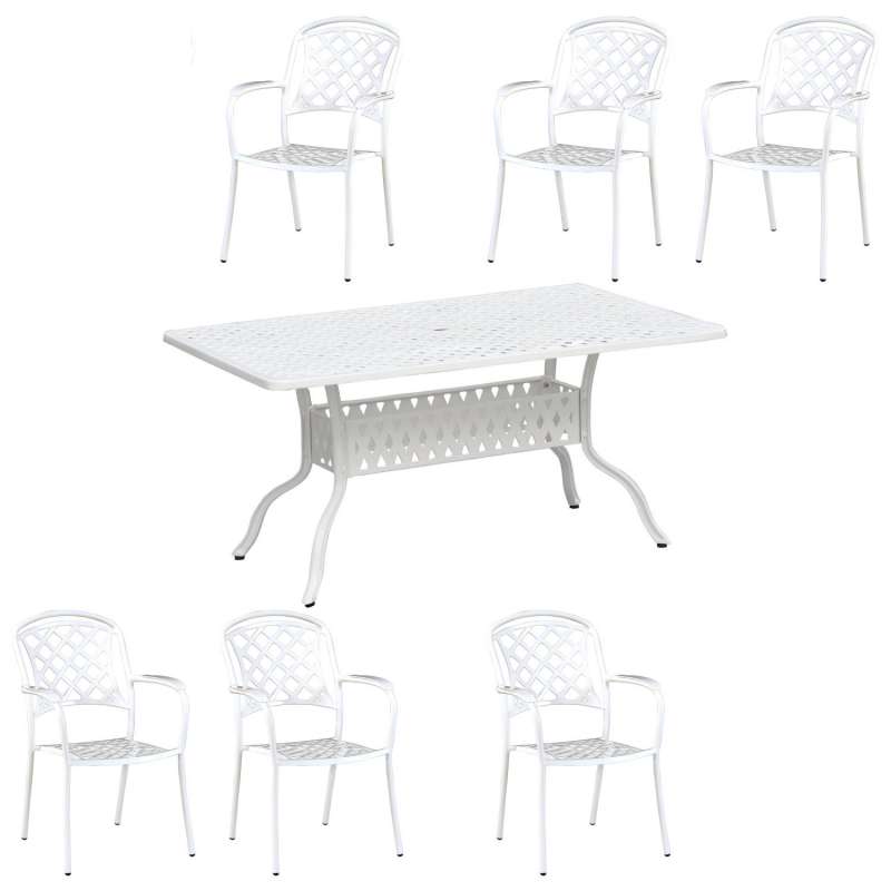 Inko 7-teilige Sitzgruppe Alu-Guss weiß Tisch 120x80x74 cm cm mit 6 Sesseln