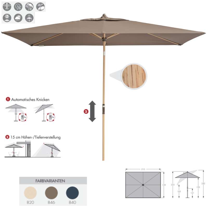 Doppler Alu Wood Auto-Tilt Ultra 210 x 140 cm Marktschirm Sonnenschirm 3 Farben Mittelmastschirm