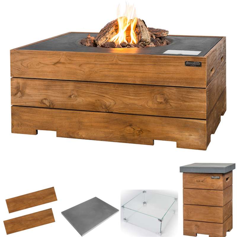 Happy Cocooning Mania Feuertisch Komplettset 19,5 kW rechteckig 107x80x46 cm Teakholz/grau