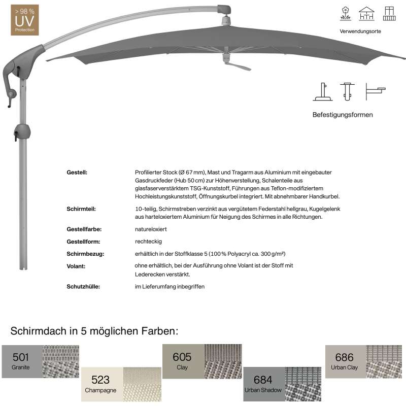 GLATZ Sonnenschirm PENDALEX® P+ rechteckig 285 x 230 cm in 5 Farben Ampelschirm Stoffklasse 5