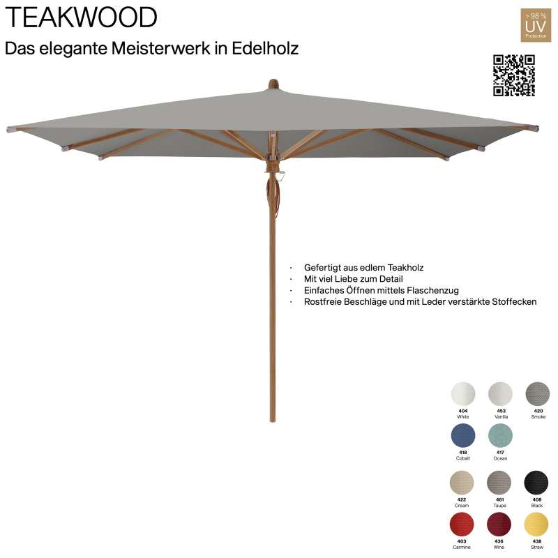 GLATZ Sonnenschirm TEAKWOOD eckig 330 x 330 cm Mittelmastschirm 11 Farbvarianten