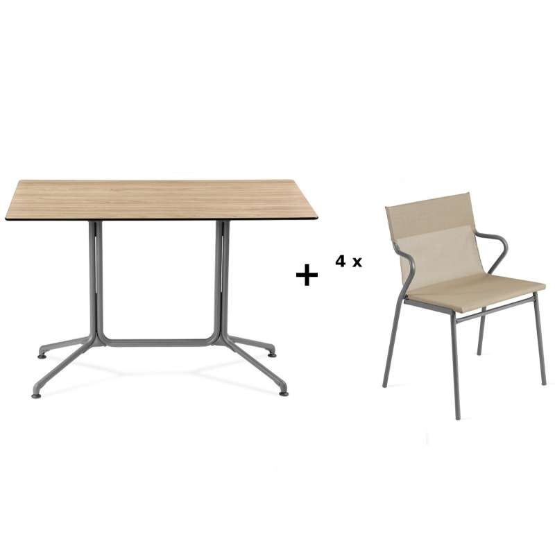 Lafuma Horizon Tisch-Set Loungetisch 115x70x74,5 cm Bois Wood 4 Stühle Noisette