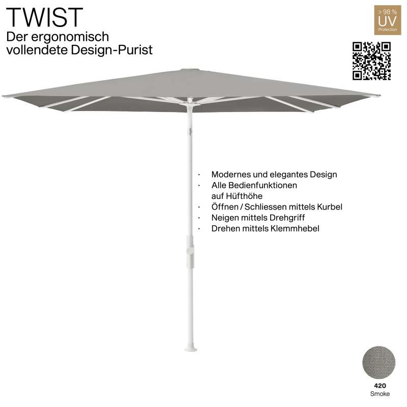 GLATZ Sonnenschirm TWIST 250 x 200 cm Gestell matt weiss Stoff Farbe 420 Smoke Mittelmastschirm