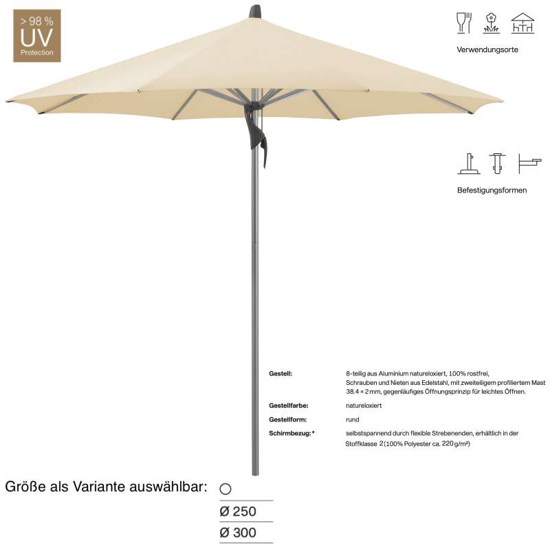 GLATZ Sonnenschirm FORTINO® easy rund ø 250 oder ø 300 cm Stoffklasse 2 Eggshell Mittelmastschirm