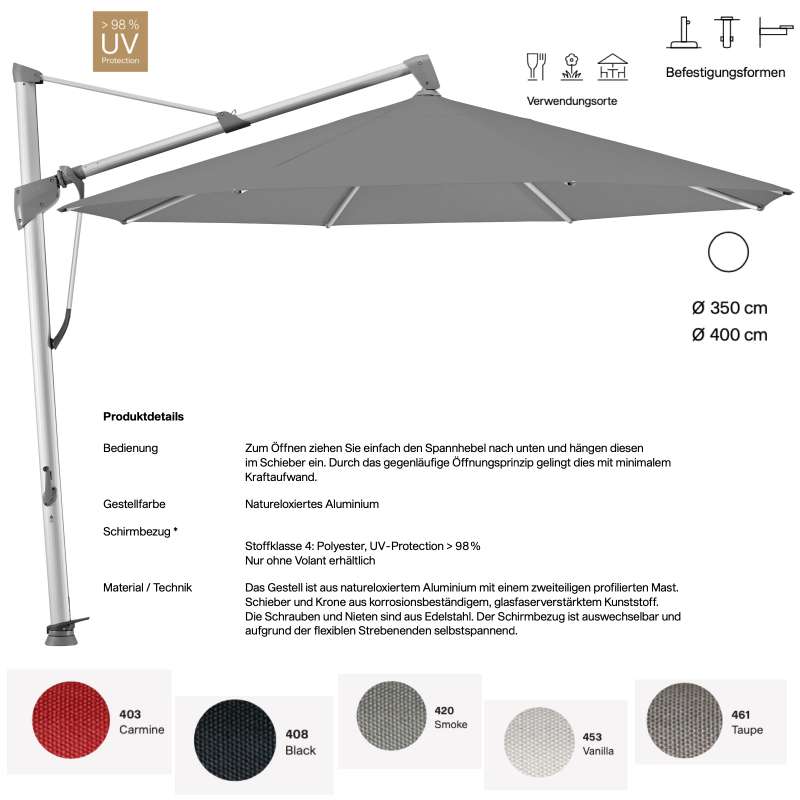 GLATZ Ampelschirm SOMBRANO® S+ rund ø 350 ø 400 cm in 5 Farben Stoffklasse 4 Sonnenschirm