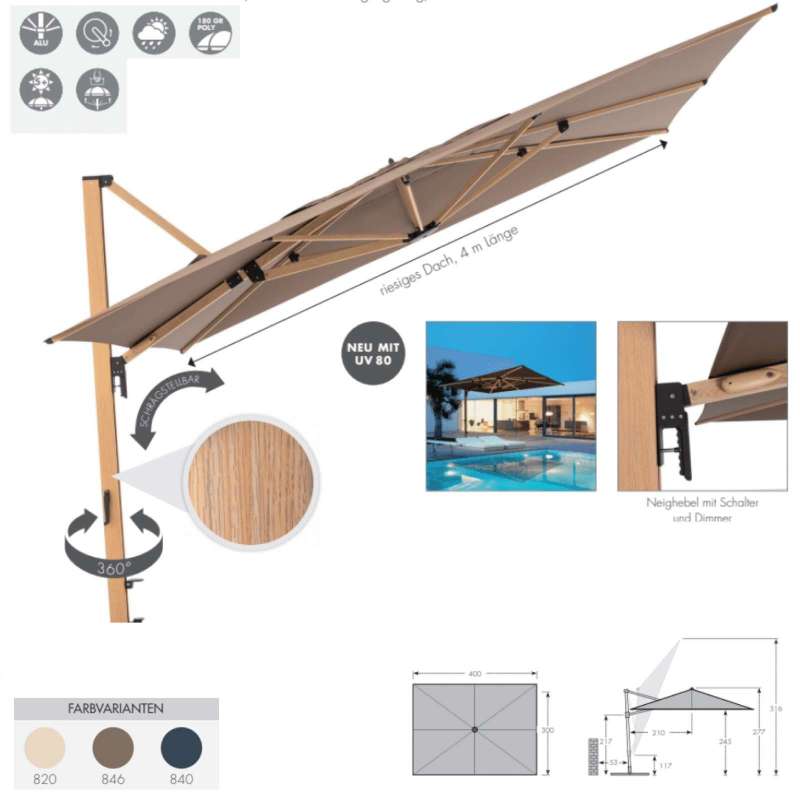 Doppler Alu Wood XL LED ULTRA 400 x 300 cm Pendelschirm Holzoptik Ampelschirm 3 Farben 449270