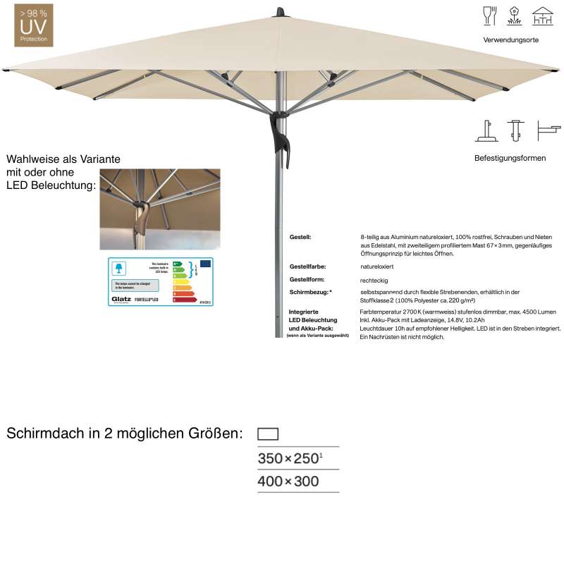 GLATZ Sonnenschirm FORTELLO® / LED easy rechteckig 350 x 250 / 400 x 300 cm Eggshell 150