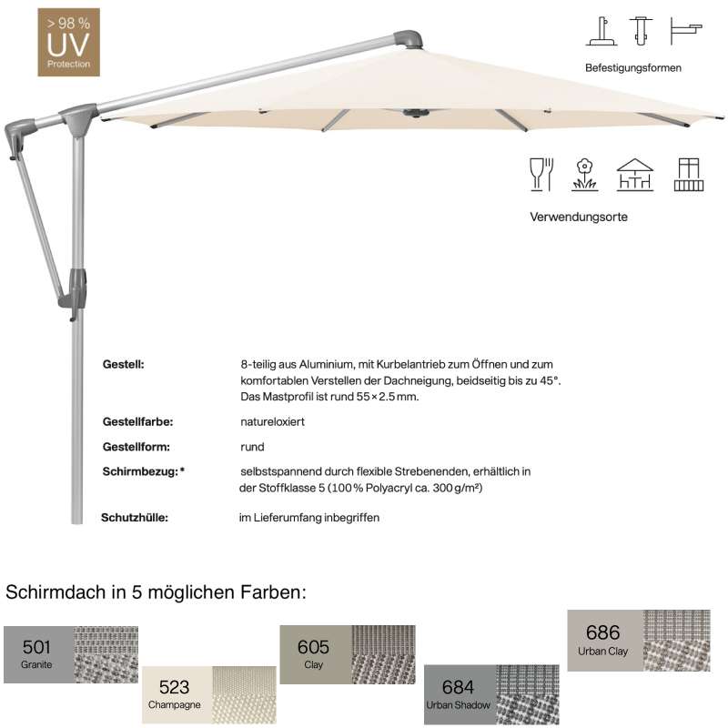 GLATZ Sonnenschirm SUNWING® CASA rund ø 300 cm 5 Farben Stoffklasse 5 Ampelschirm