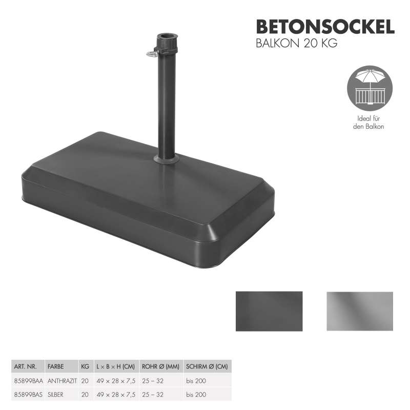 Doppler Betonsockel 20 kg für Rohr ø 25 -32 mm Schirmsockel 49 x 28 x 7,5 cm Balkon 2 Farben