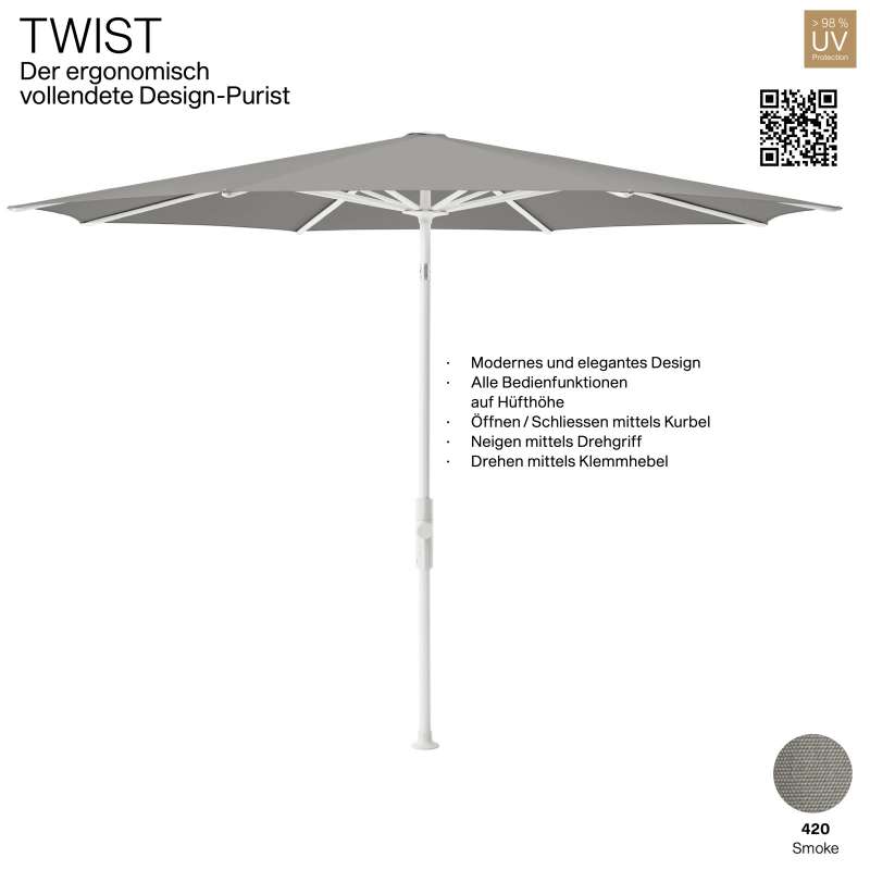 GLATZ Sonnenschirm TWIST rund ø 330 cm Gestell matt weiss Stoff Farbe 420 Smoke Mittelmastschirm