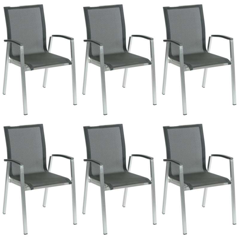 Inko 6er-Set Stapelsessel Ancona 56,5x63x89 cm Aluminium gebürstet/Textilene dark grey Stapelstuhl