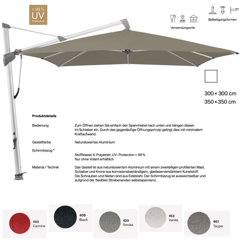 GLATZ Ampelschirm SOMBRANO® S+ quadratisch 300 x 300 / 350 x 350 cm in 5 Farben Sonnenschirm Stoffkl