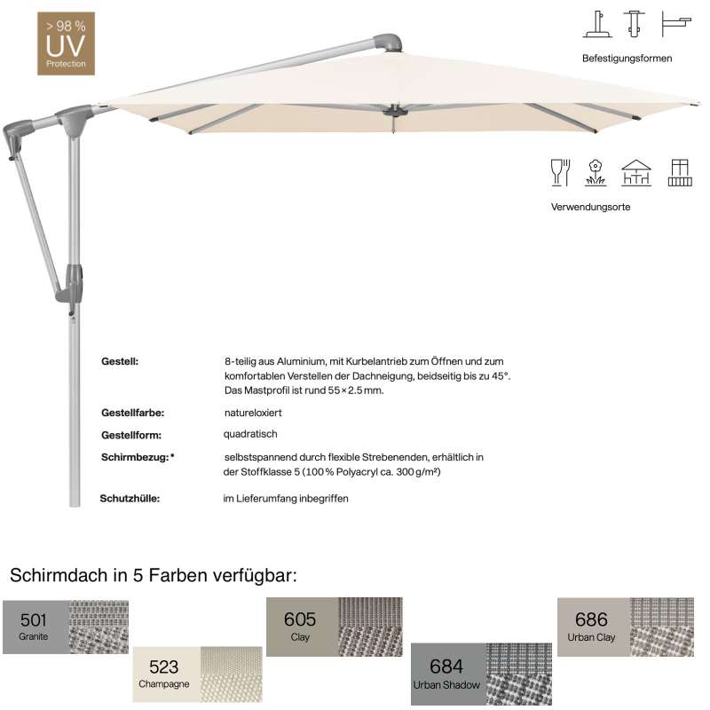 GLATZ Sonnenschirm SUNWING® CASA quadratisch 270 x 270 cm 5 Farben Stoffklasse 5 Ampelschirm