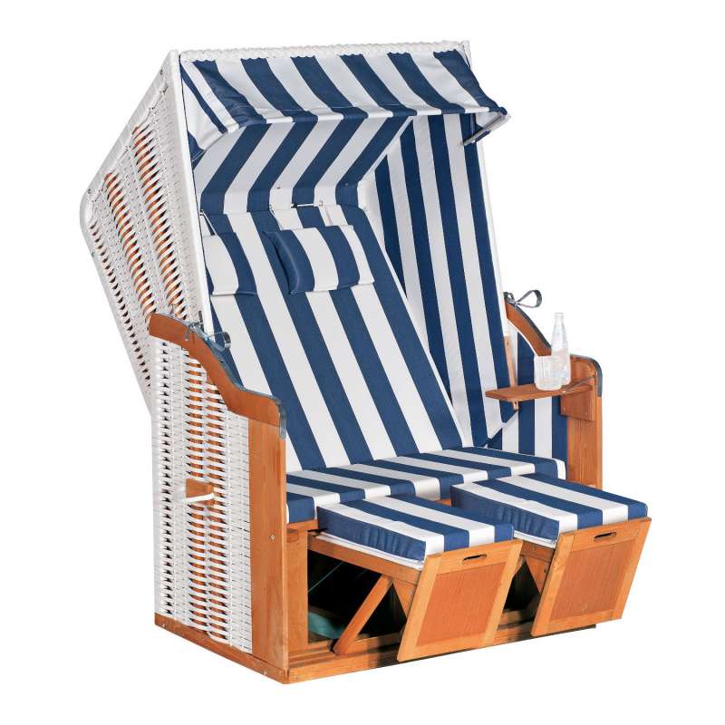 SunnySmart Garten-Strandkorb Rustikal 50 PLUS 2-Sitzer weiß/blau mit Kissen
