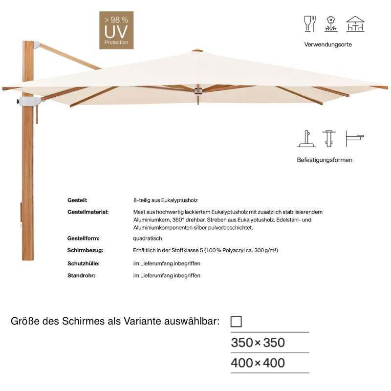 GLATZ Sonnenschirm AURA 350 x 350 / 400 x 400 cm Holzschirm Stoffklasse 5 Champagne 523